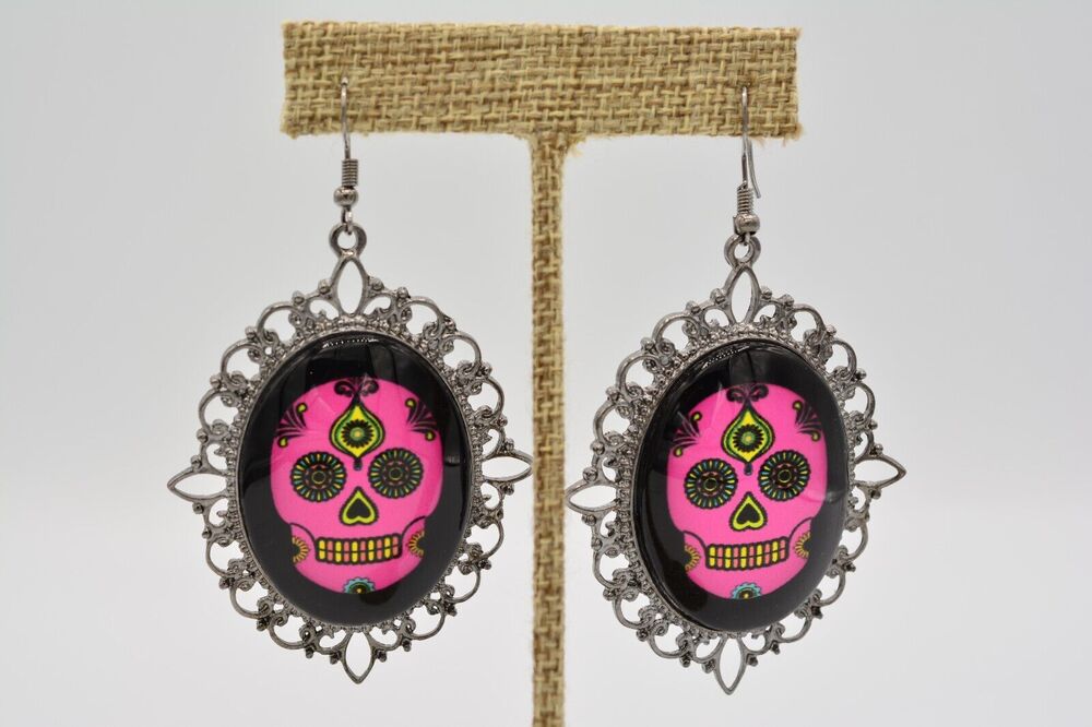 Statement Sugar Skull Earrings Chunky Dangle Day Dead Halloween Pink Black Bin7
